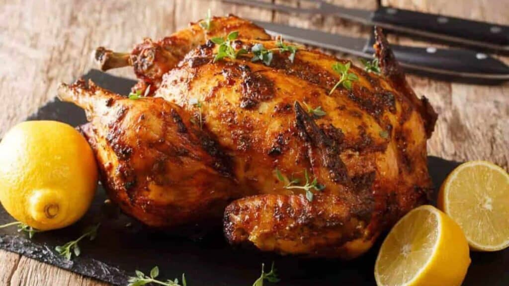 Low angle shot of an air fried whole chicken.