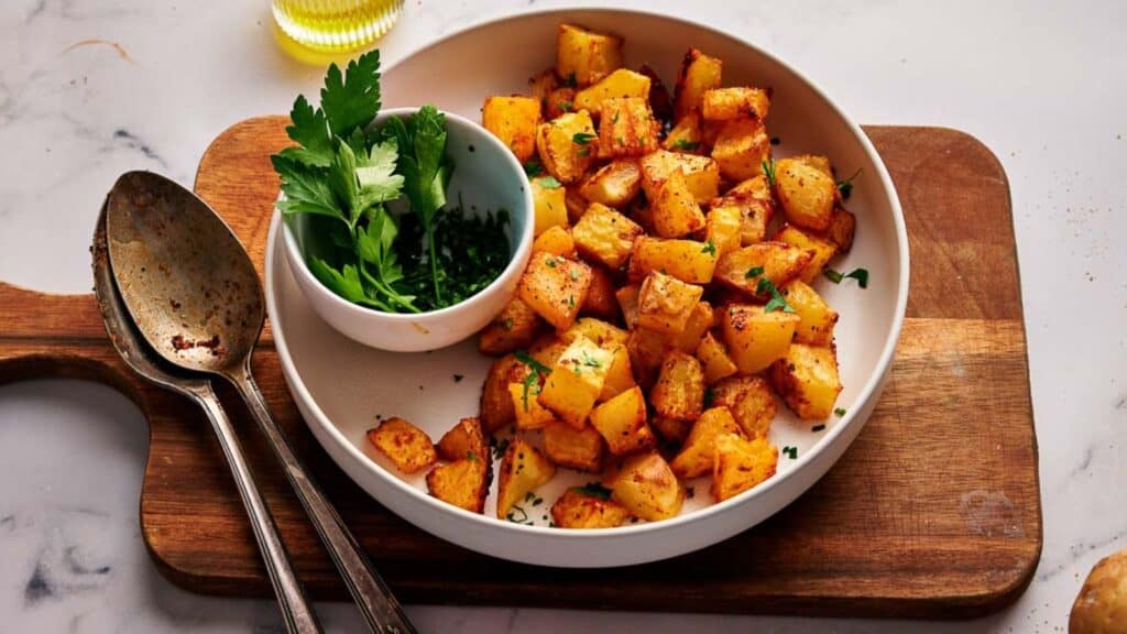 A bowl of potatoes with parsley and a spoon.