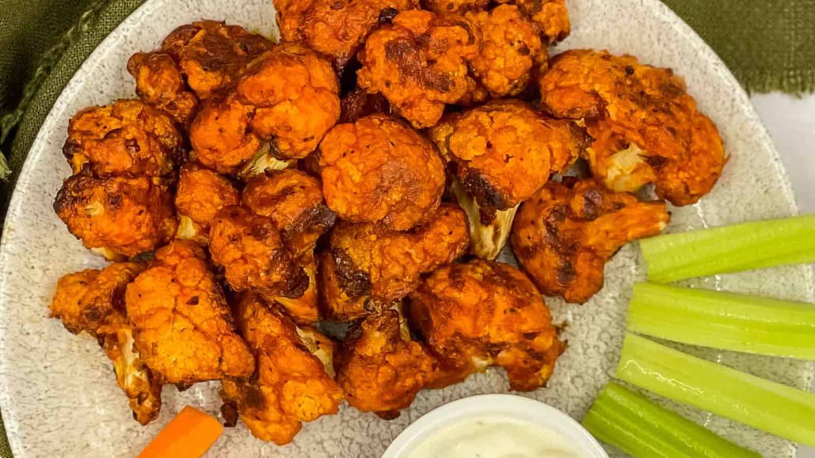 A plate of cauliflower wings with dipping sauce and celery.