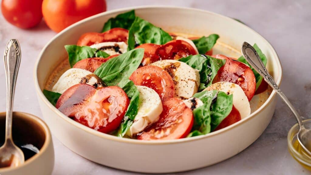 A bowl of salad with tomatoes, mozzarella and basil.