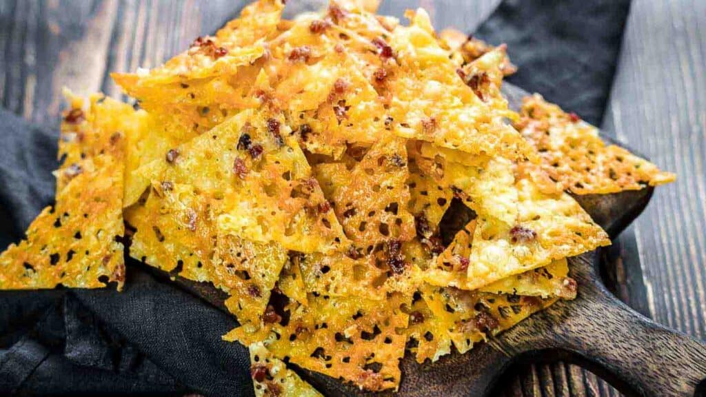 Keto Cheese Bacon Nachos Chips on a dark napkin.