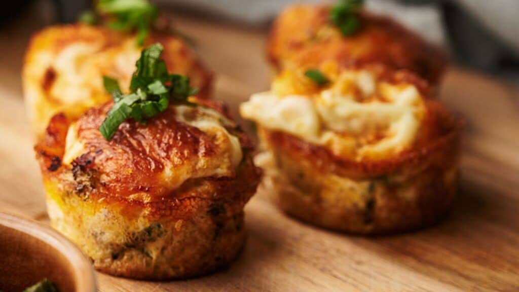 Cheesy egg bites on a wooden cutting board.