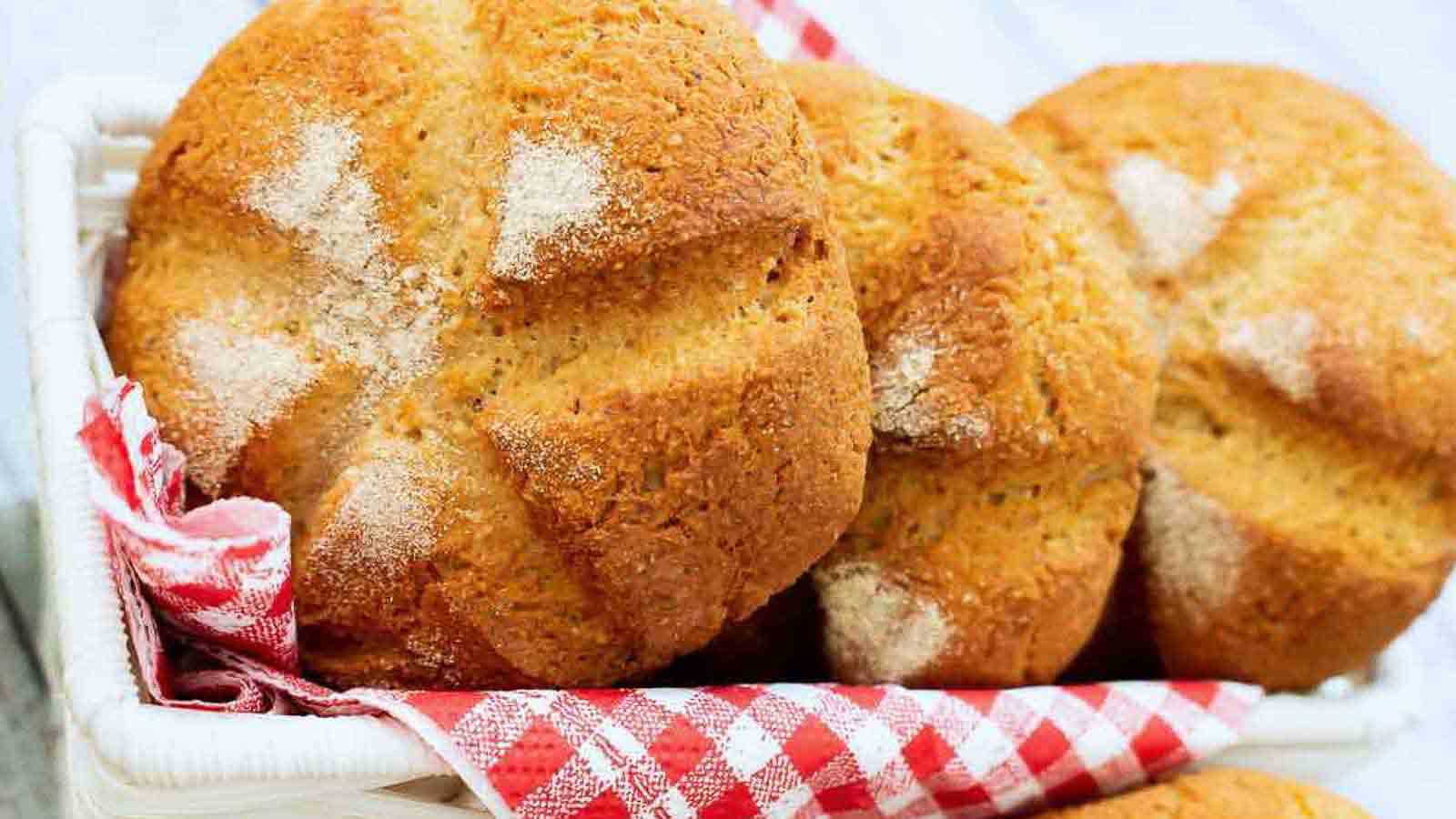 Fiber Buns in a white basket with checkered red napkin. 