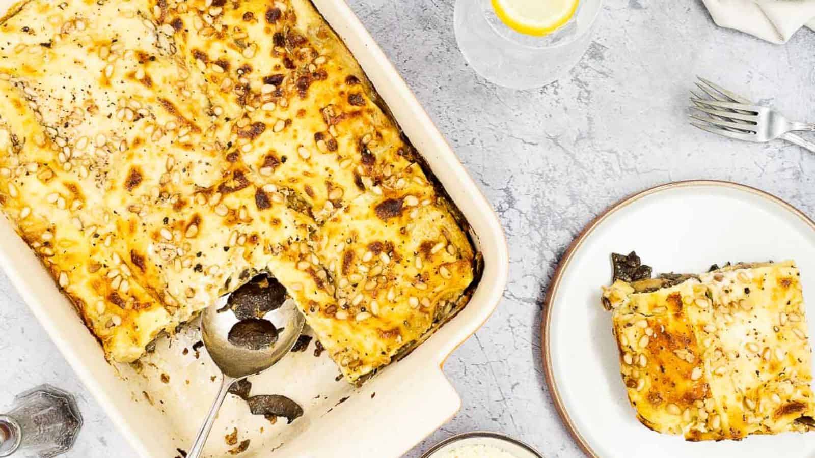 A casserole dish with a slice of cheese on it.