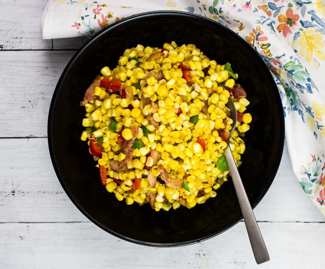 Texas Corn Succotash in a black bowl.