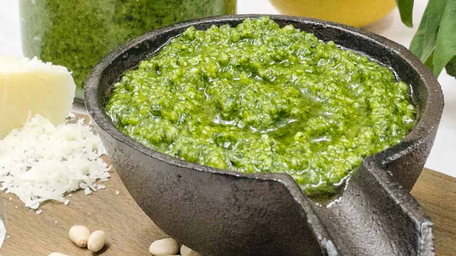 Homemade pesto in a cast iron dish with nuts and basil around it.