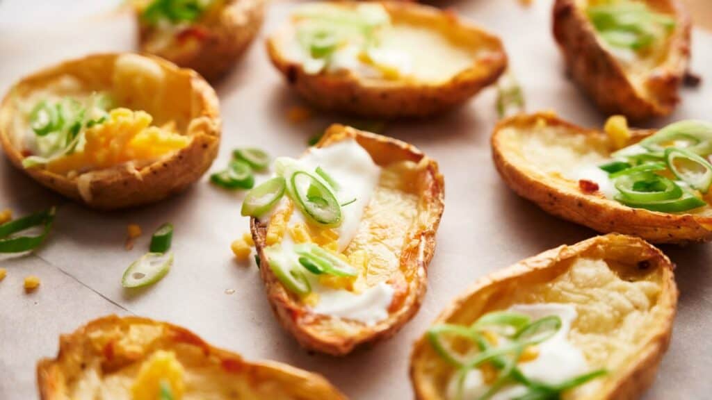 Fried potato bites with sour cream and green onions.