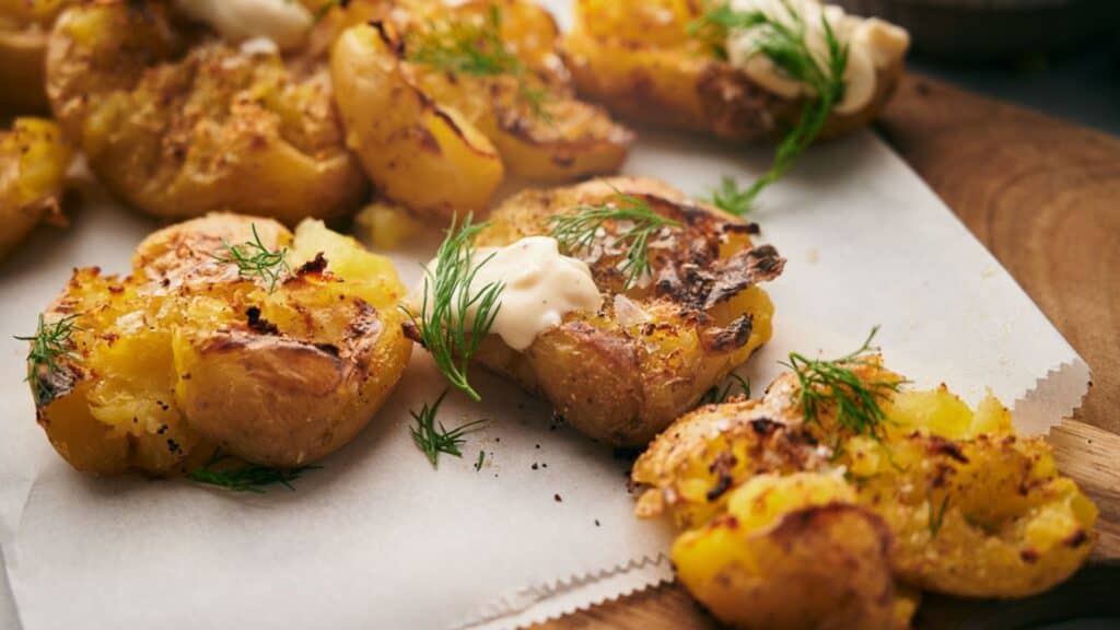 Roasted potatoes with dill on a cutting board.