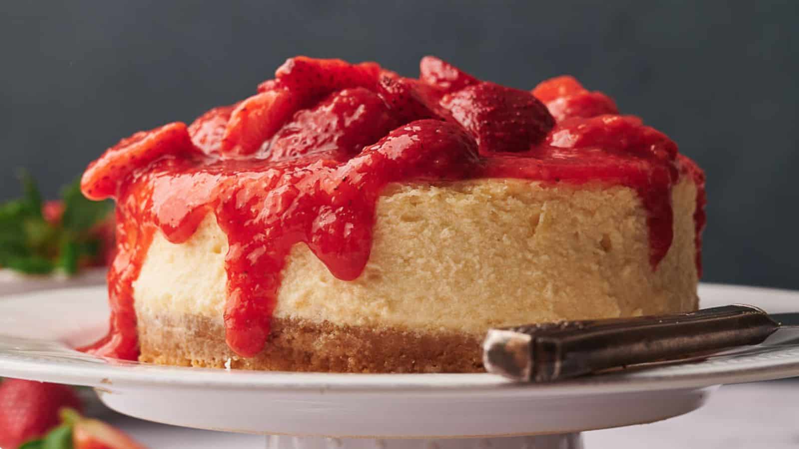 A slice of cheesecake on a plate with a delicious strawberry topping.