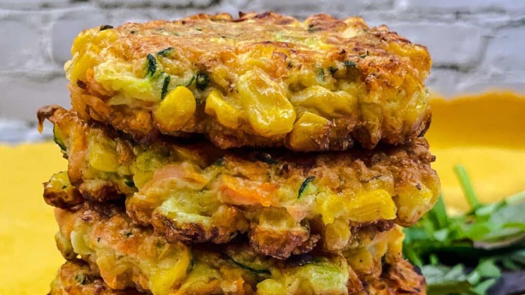 A stack of corn fritters on a yellow plate.