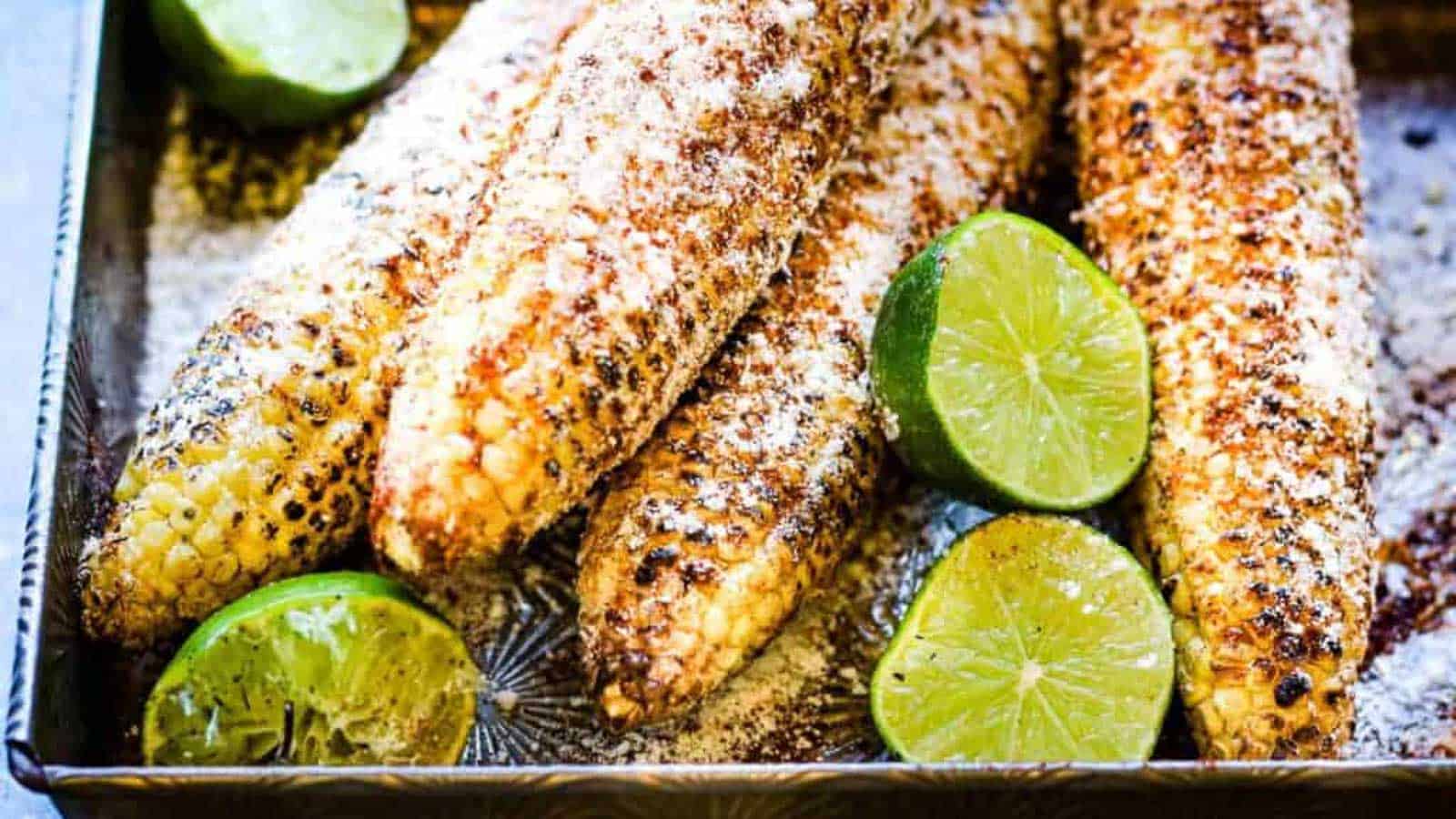 Metal baking pan with elote, Mexican grilled corn cobs with mayonnaise, spices, and cheese.