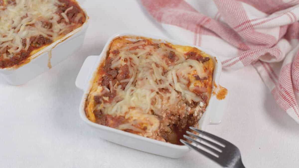 Lasagna for One in small 10-ounce square baking pan.