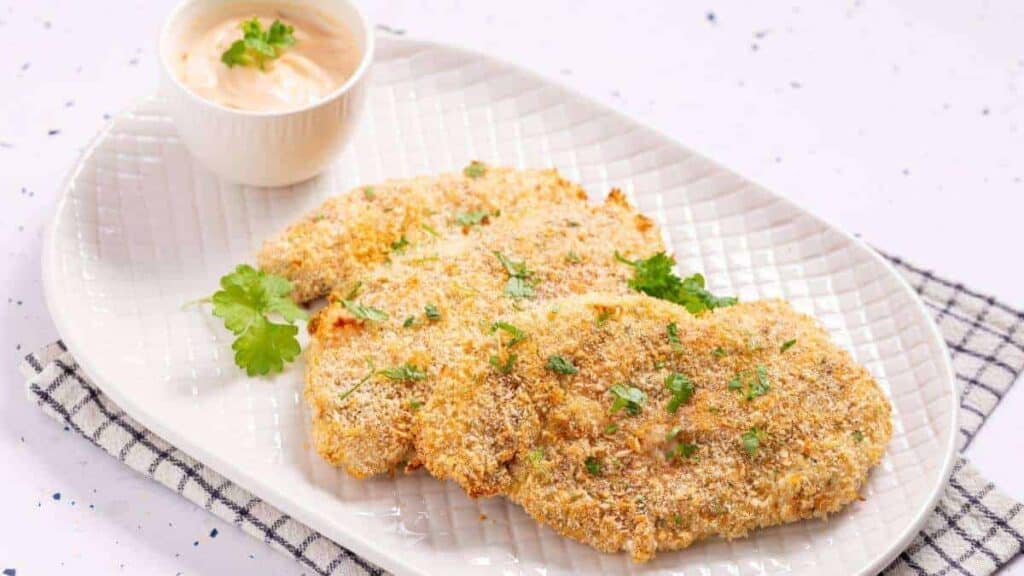 Fried chicken cutlets on a white plate with dipping sauce.