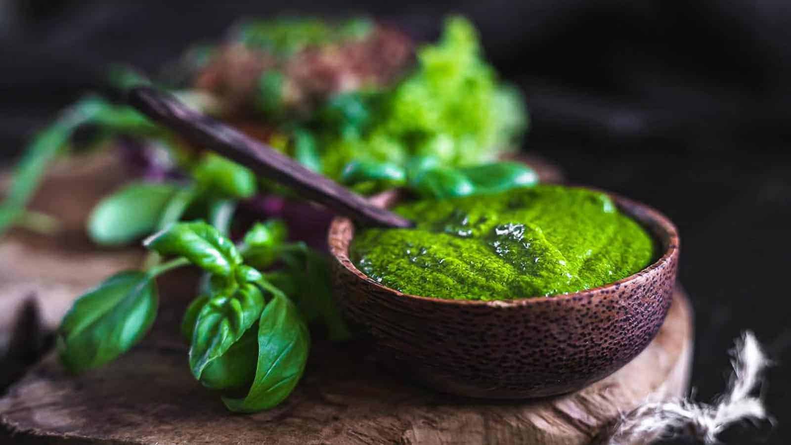 Bright green basil pesto inside a wooden bowl. 