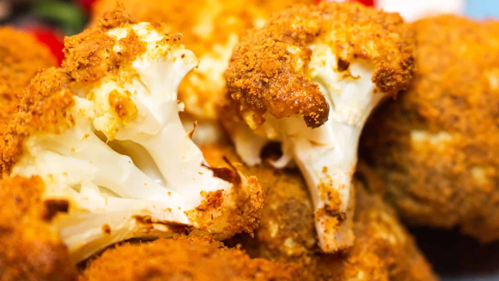 Pieces of breaded cauliflower close up. 