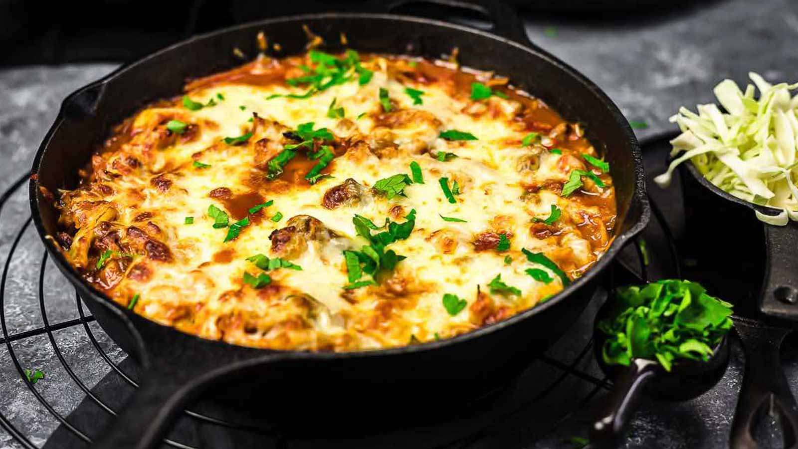 Cabbage beef casserole inside cast iron. 