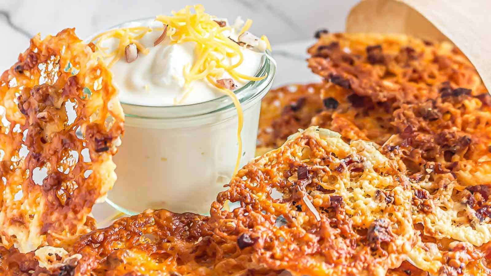 Cheese Bacon Chips with yogurt behind. 