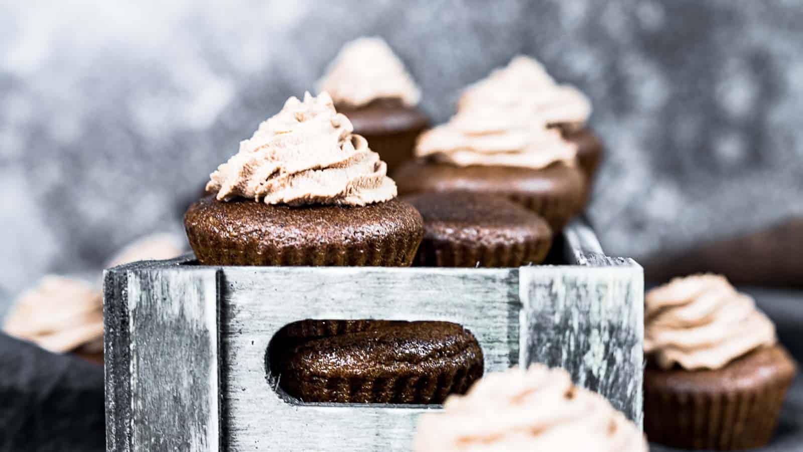 Keto Chocolate Cupcakes inside wooden box. 