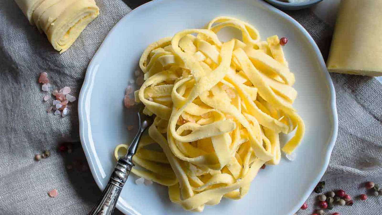 Egg Noodles on a white plate. 