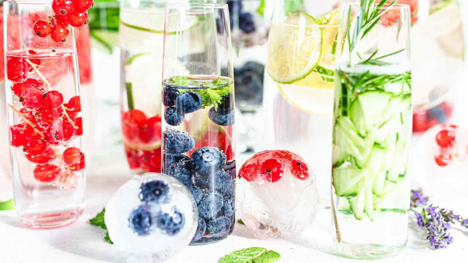 A group of glasses filled with different kinds of fruit.