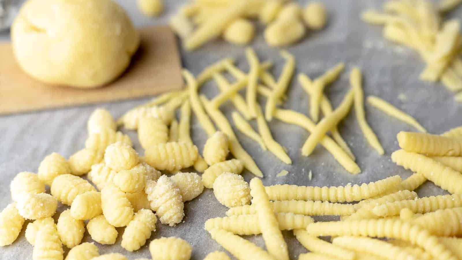 Gnocchi in different shapes on a board.