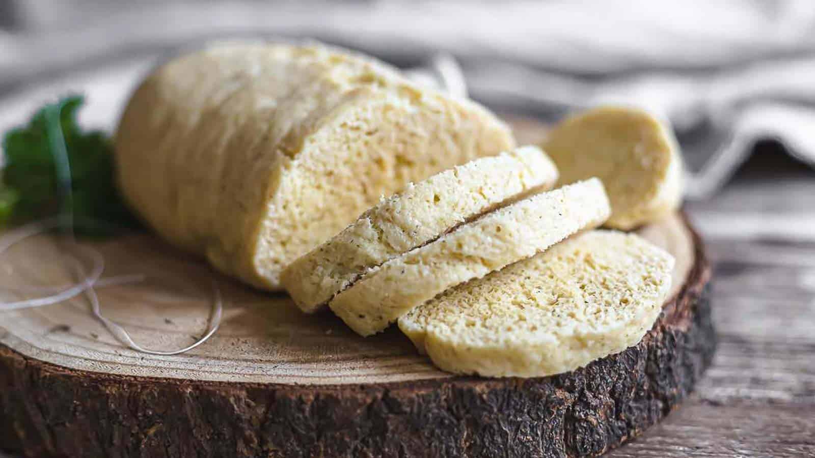 Keto steamed bread on a wooden board sliced. 