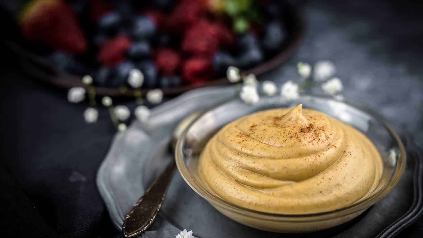 Peanut Butter Mousse iniside glass bowl. 