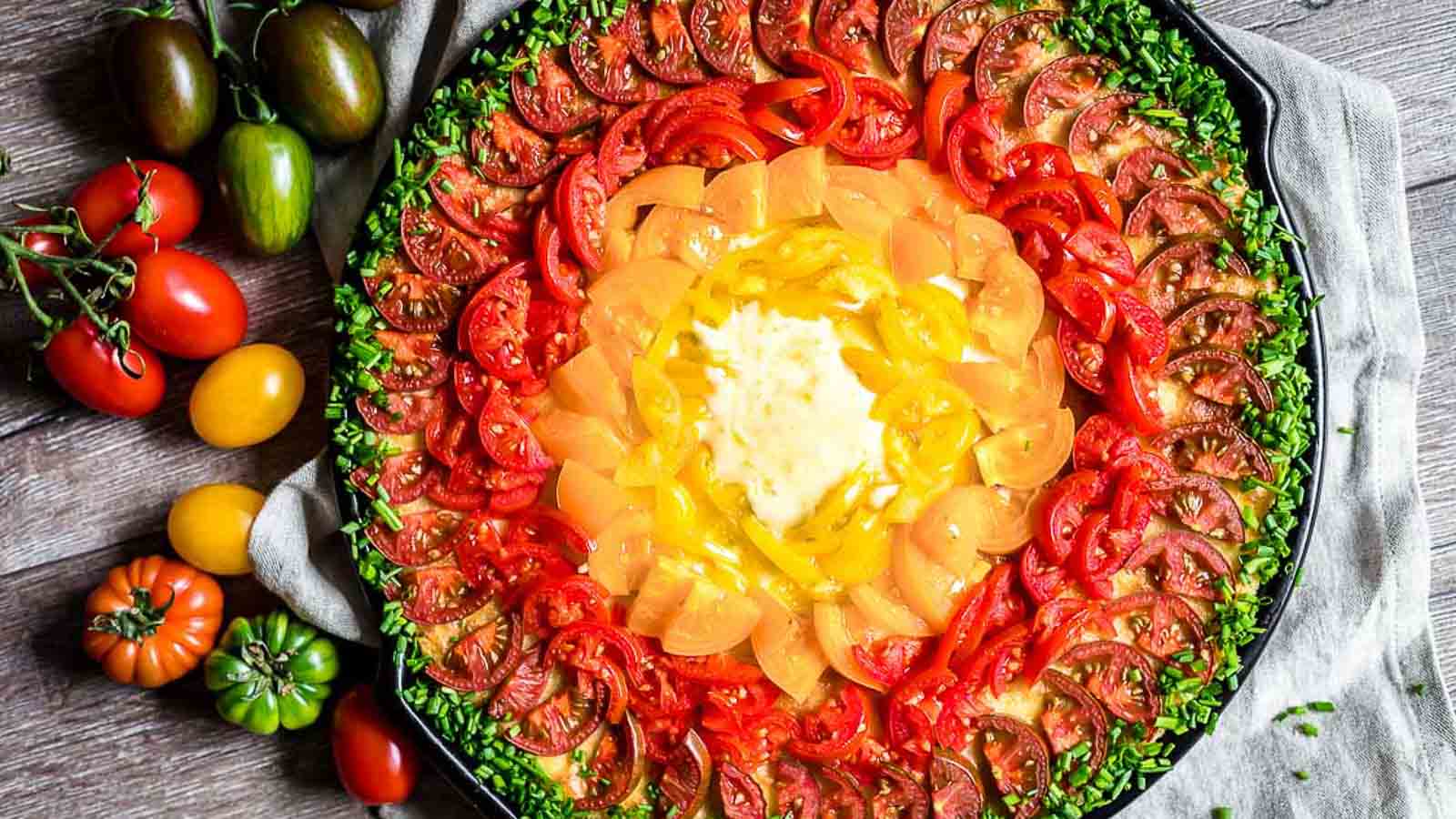 Rainbow Pizza filled with colorful tomatoes and green fresh chives around it. 