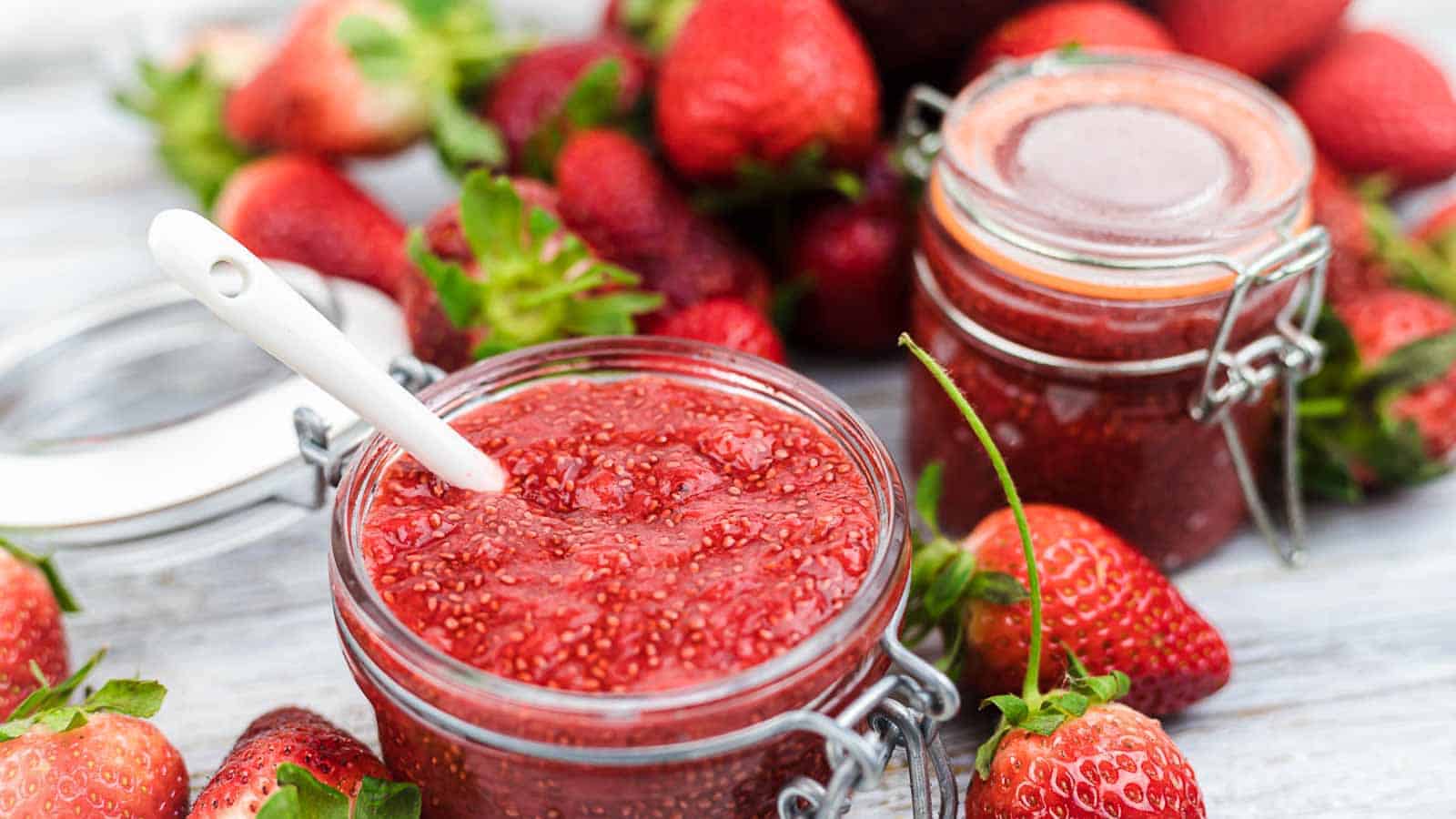 Sugar Free Strawberry Jam in a glass container.