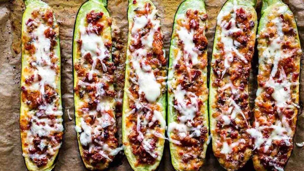 Stuffed zucchinis on a baking paper.