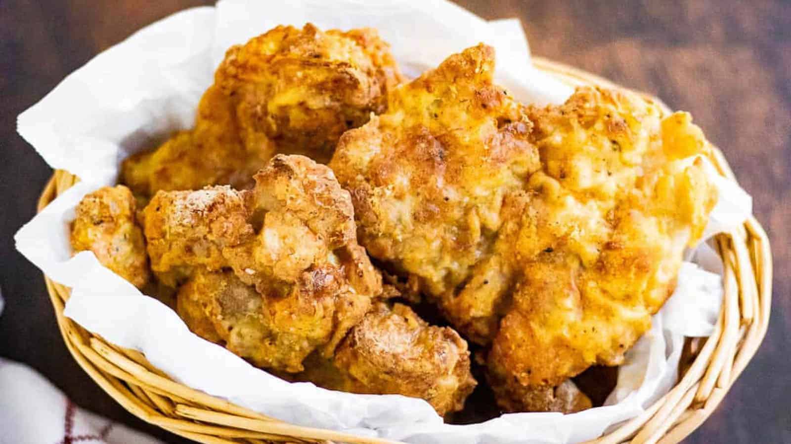 Fried chicken in a basket lined with parchment paper.