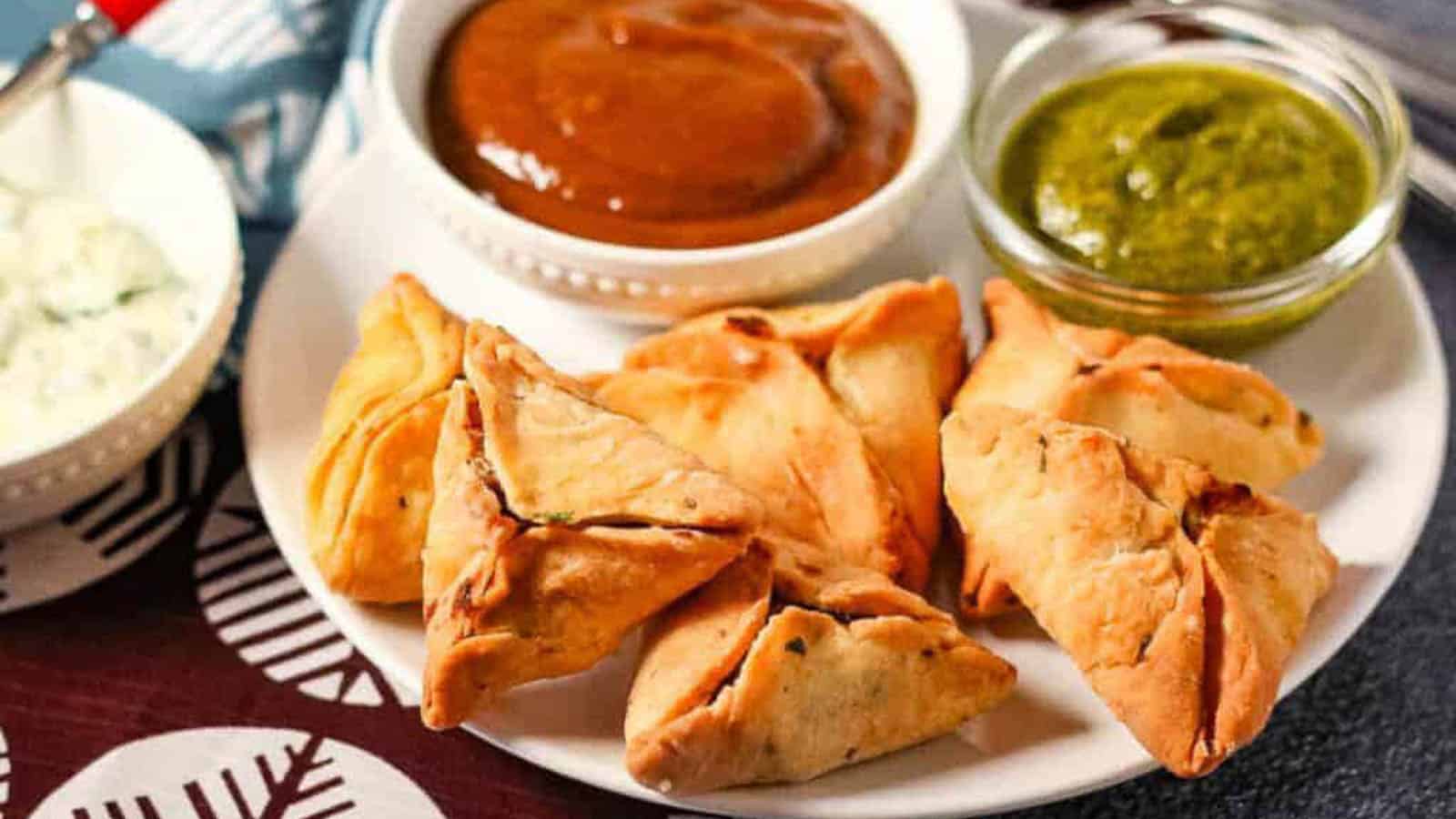 Plate of samosaas with tamarind chutney and cilantro mint chutney.