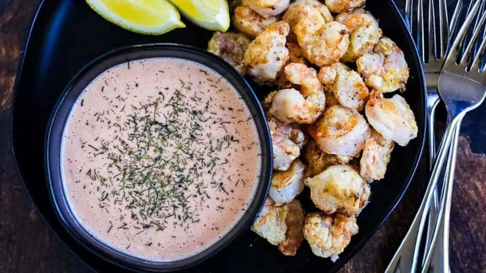 Bang bang shrimp on a black plate with a bowl of sriracha ranch and lemon wedges.