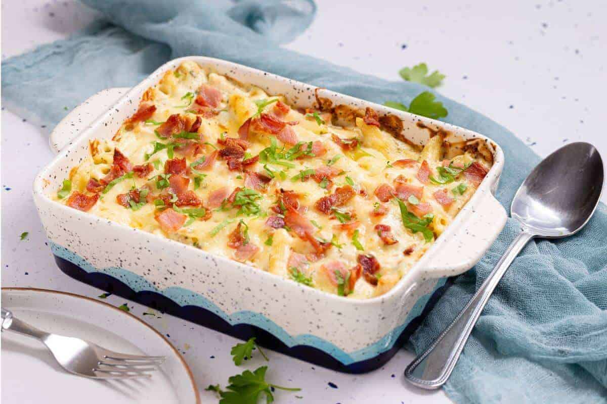 Chicken bacon ranch casserole in baking dish.