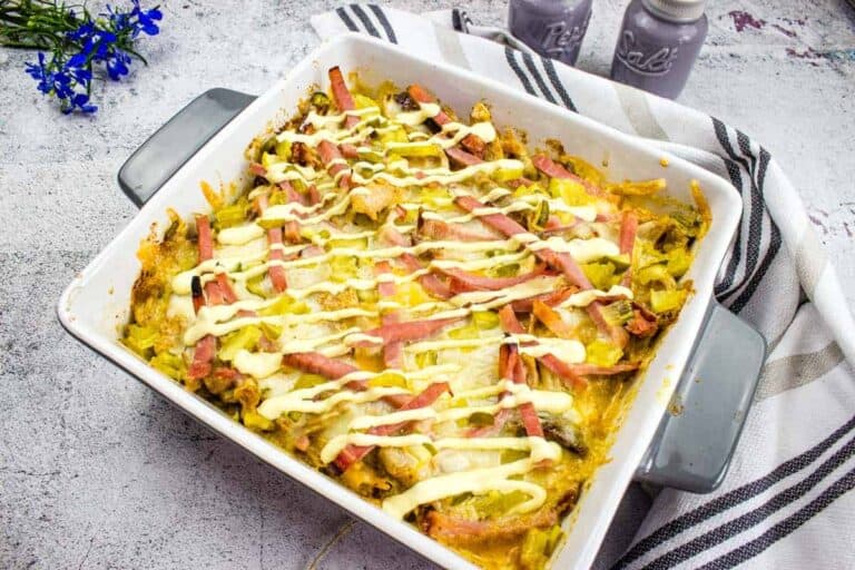 A closeup shot of Cuban Casserole in a baking dish.