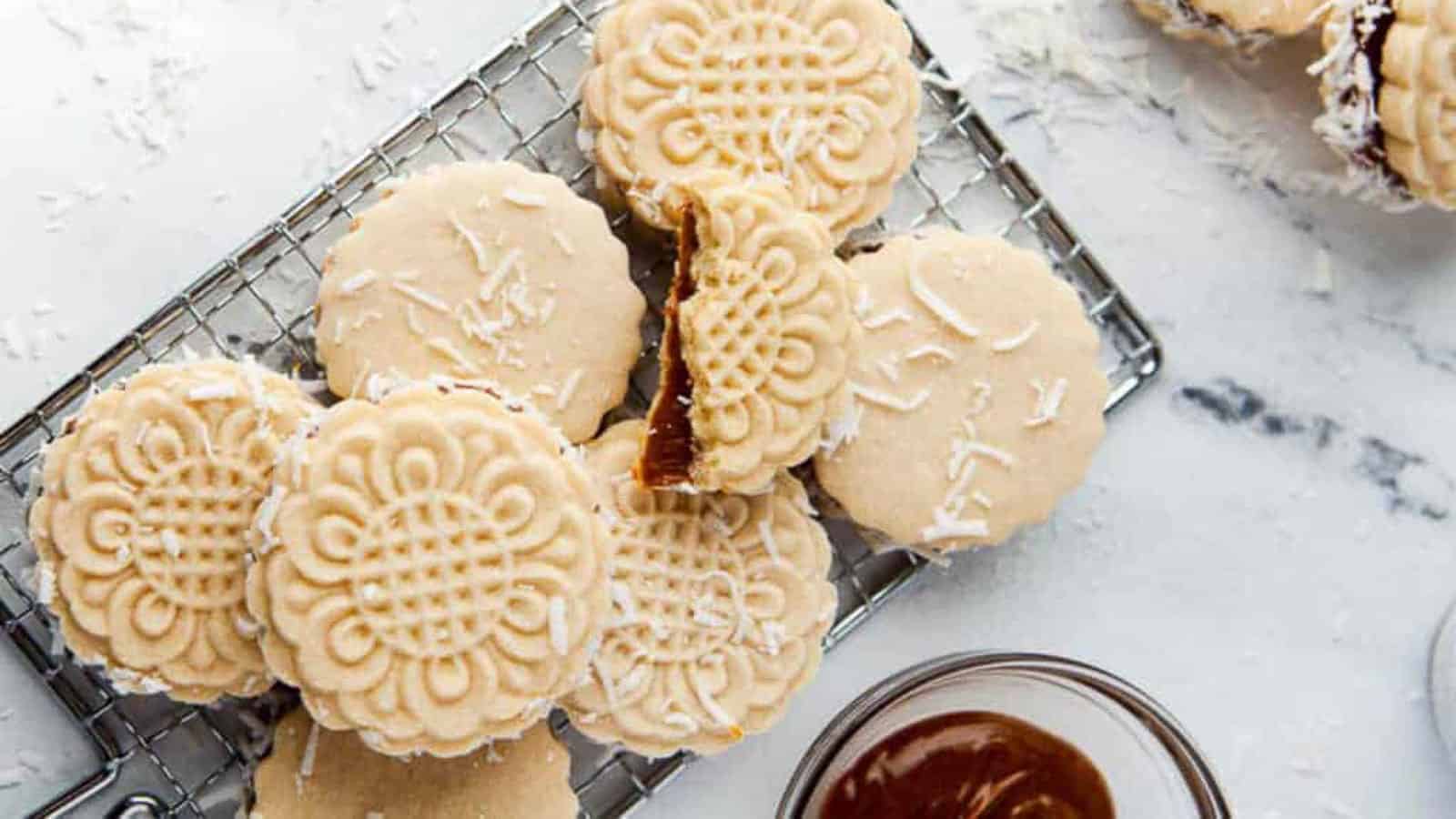 Overhead shot of dulce de leche cookies.