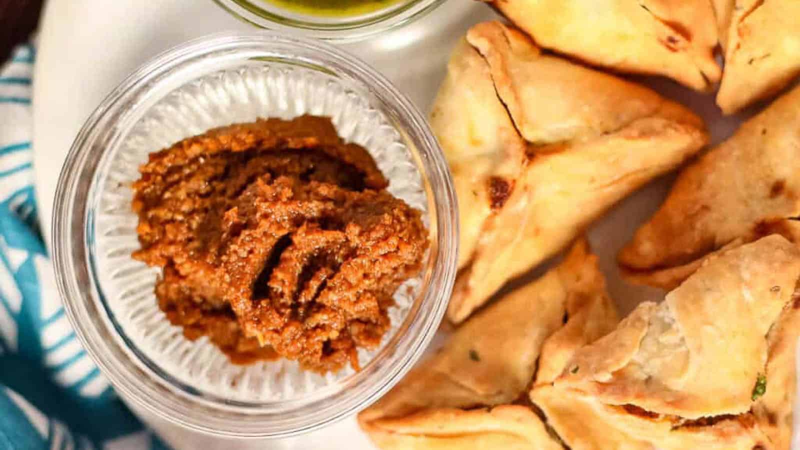 overhead shot of garlic chutney in a bowl with a plate of samosas.