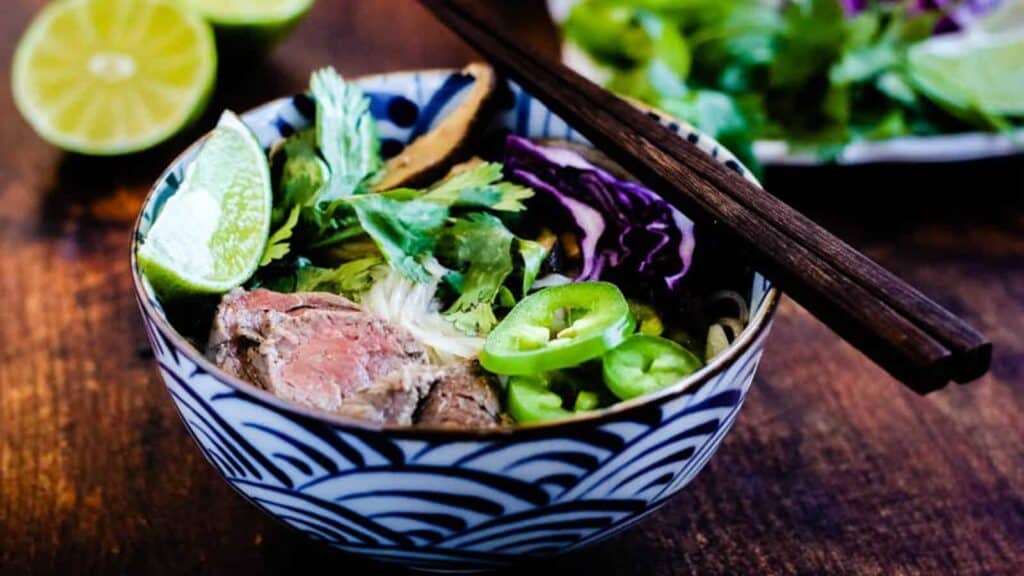 Overhead shot of bowls of pho.