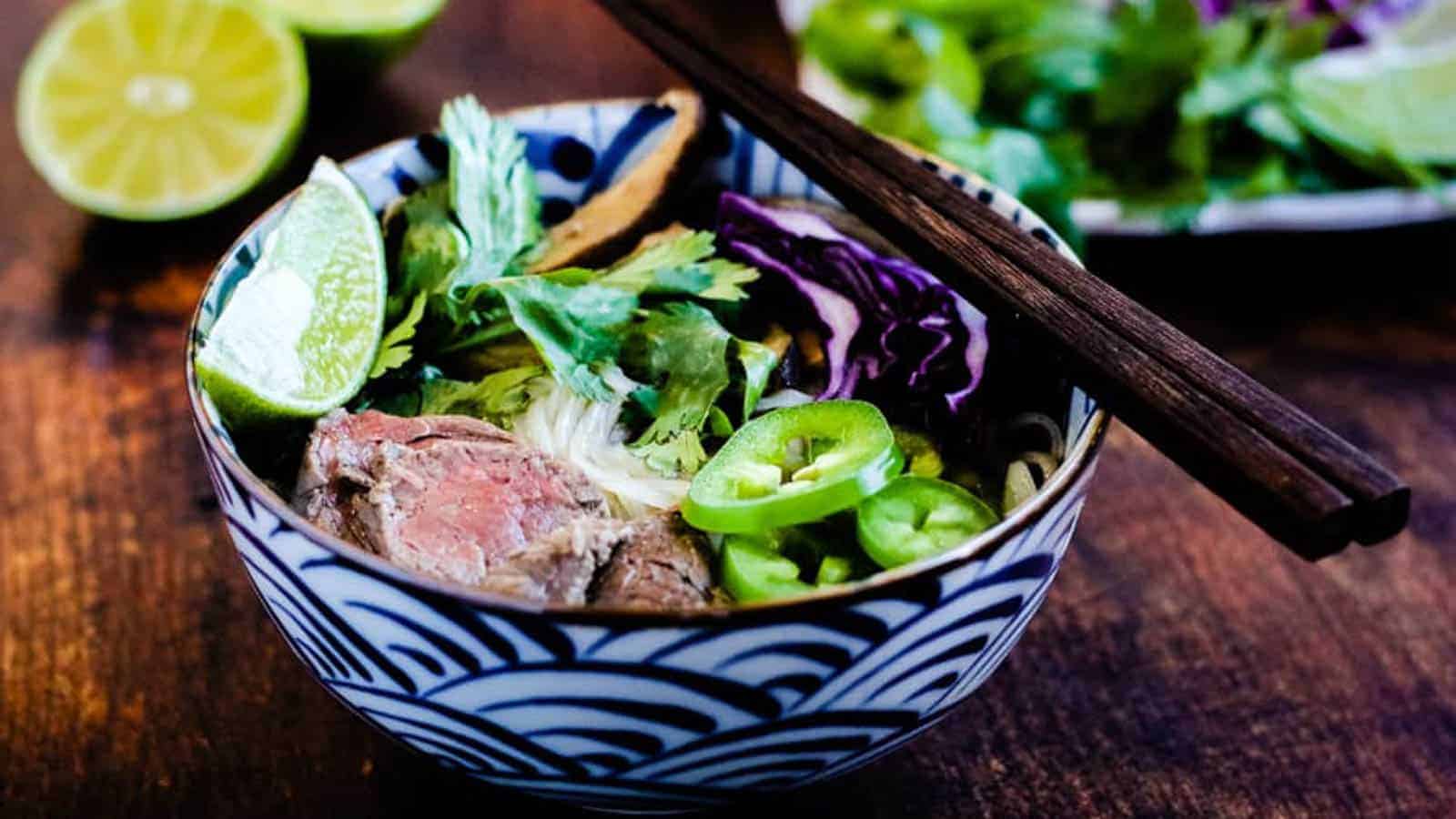 overhead shot of bowls of pho.