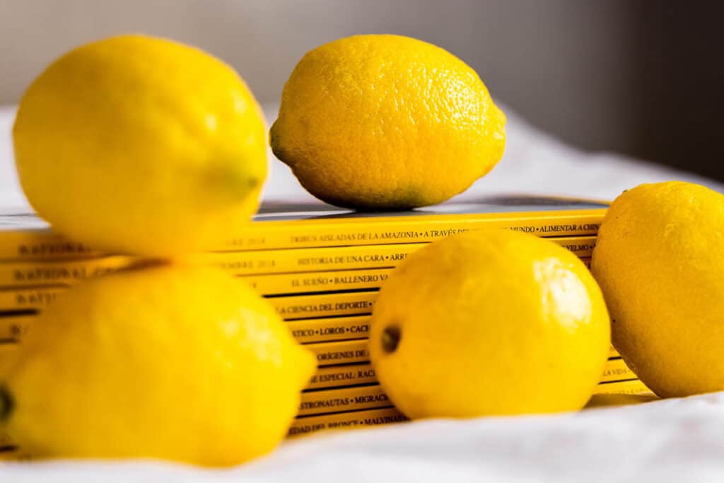 A stack of books with lemons on them.