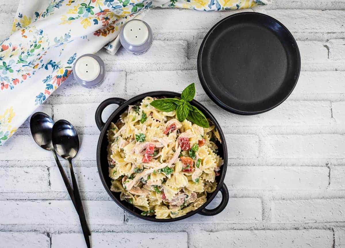 Rotisserie chicken pasta salad in a bowl.