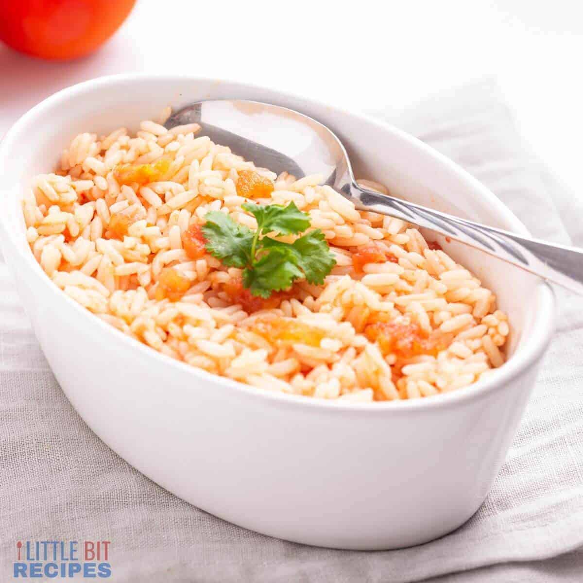 Mexican rice in small oval serving dish with spoon.