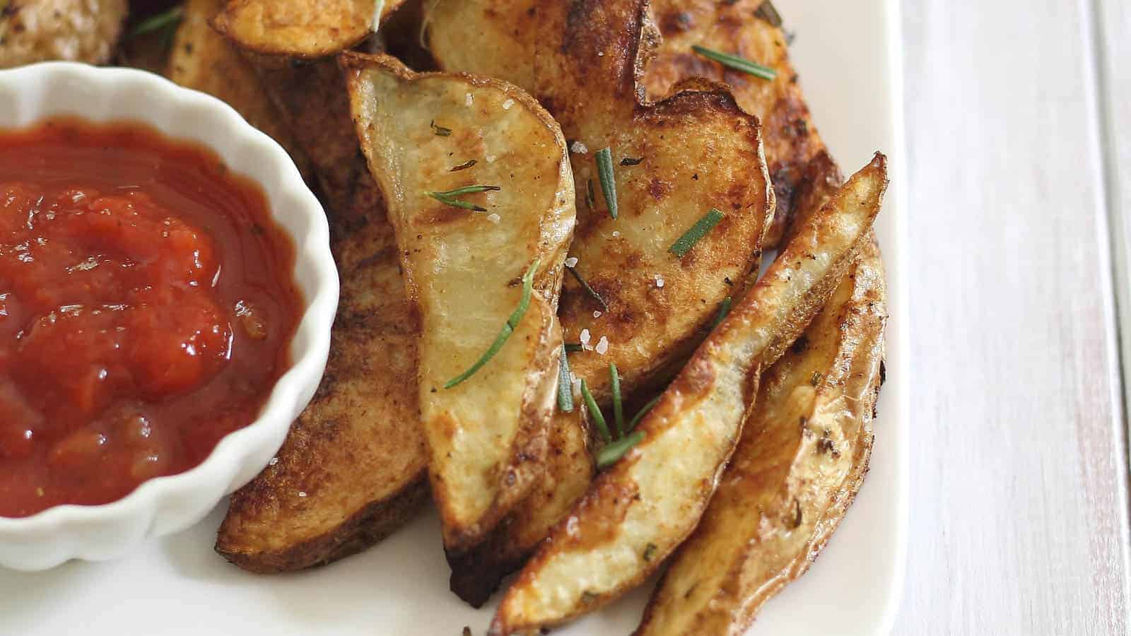 Crispy baked rosemary fries on a plate with ketchup in a small bowl.