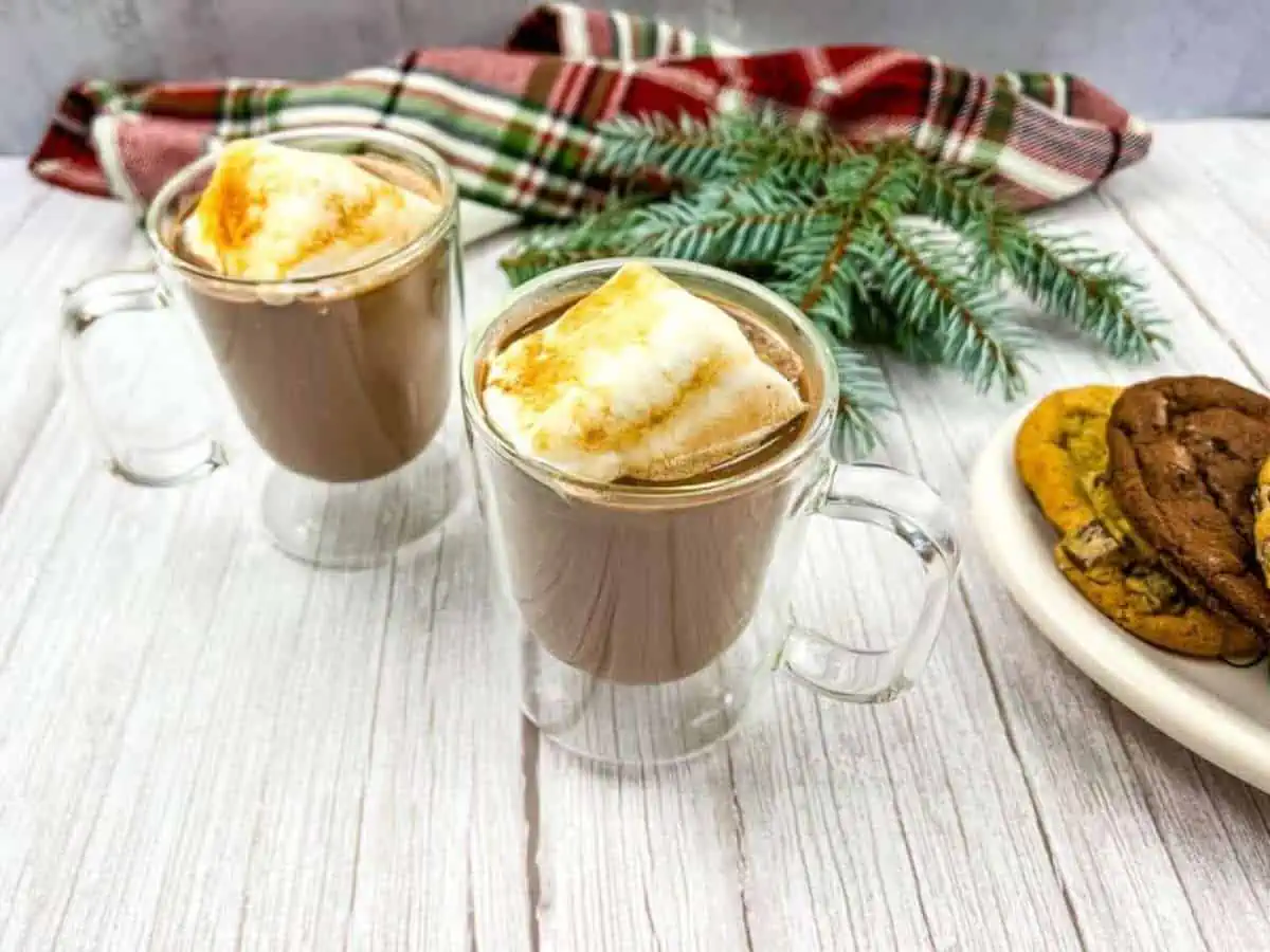 Two glasses of Bailey's Hot Chocolate with marshmallows on the top of it.