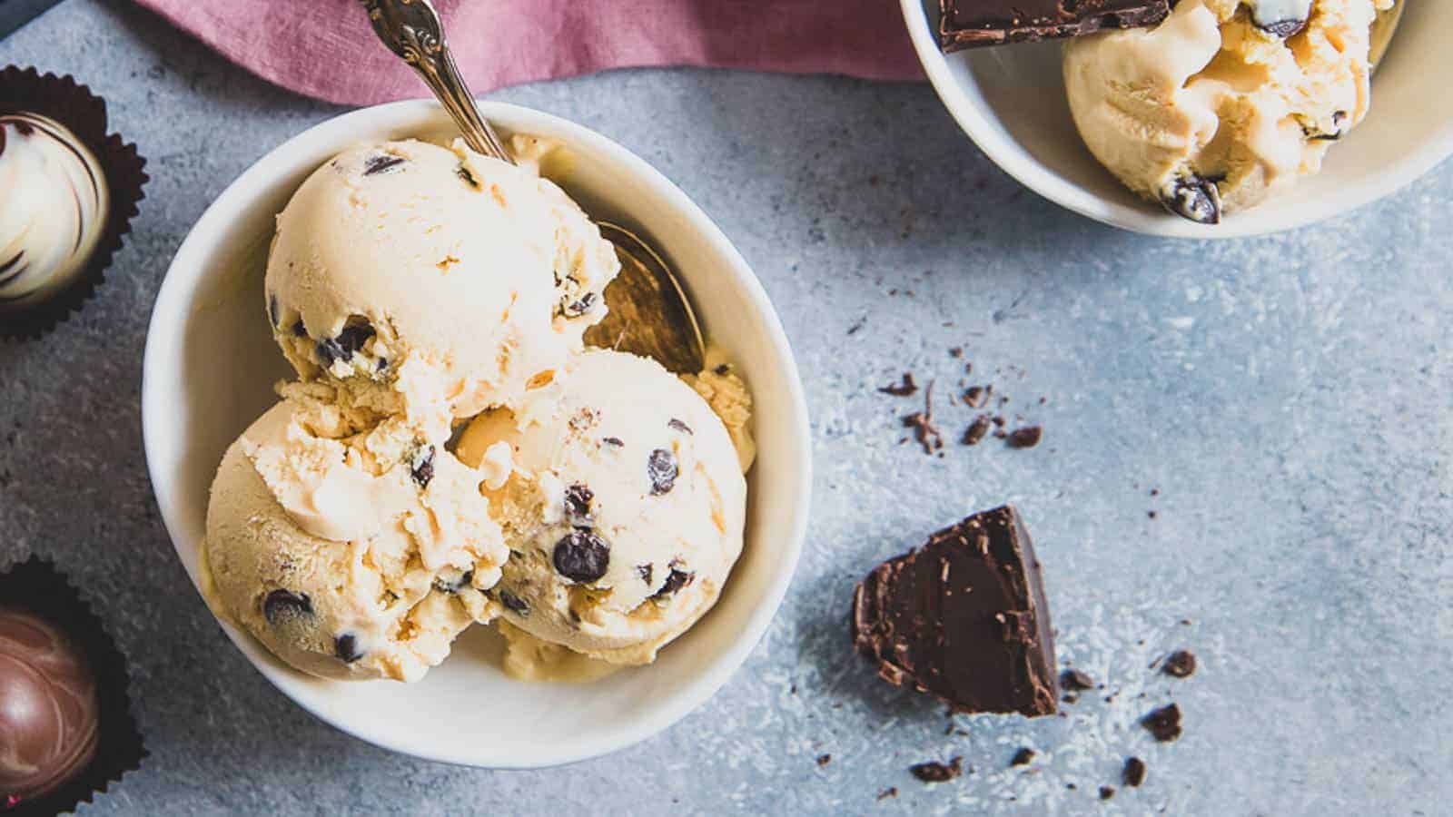 A bowl of Baileys chocolate chip ice cream.