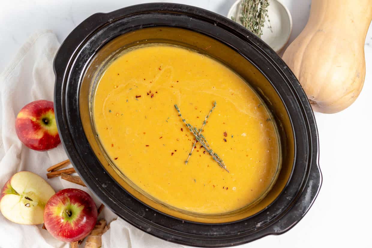 A crock of butternut soup.