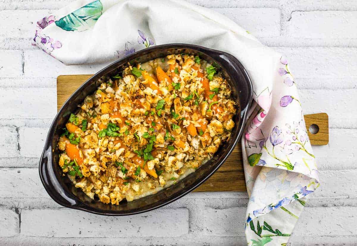 A casserole dish filled with carrots au gratin.