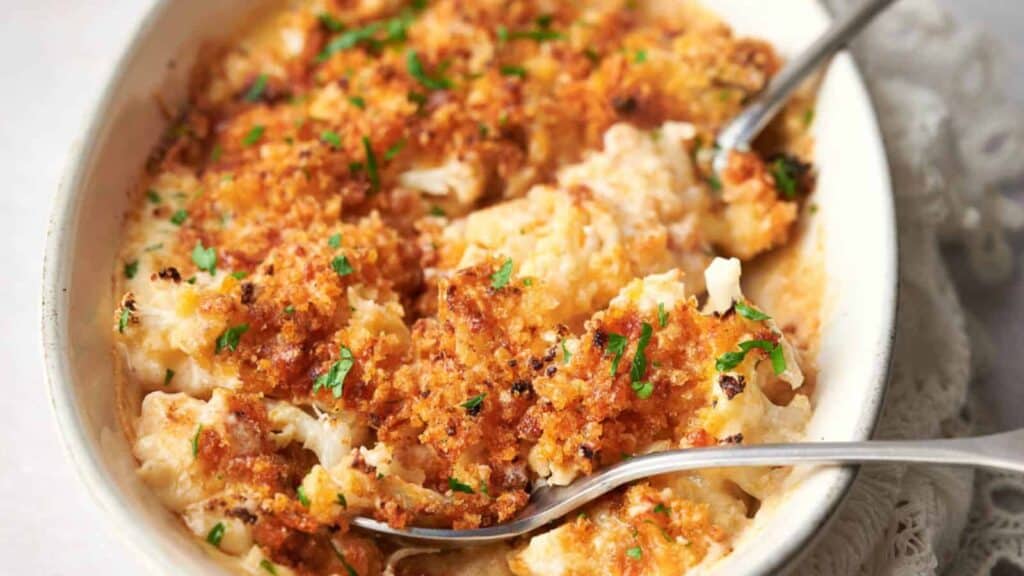 A dish of cheesy cauliflower casserole with a spoon.