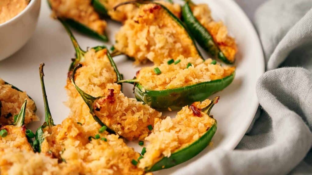 Jalapenos poppers on a plate with dipping sauce.