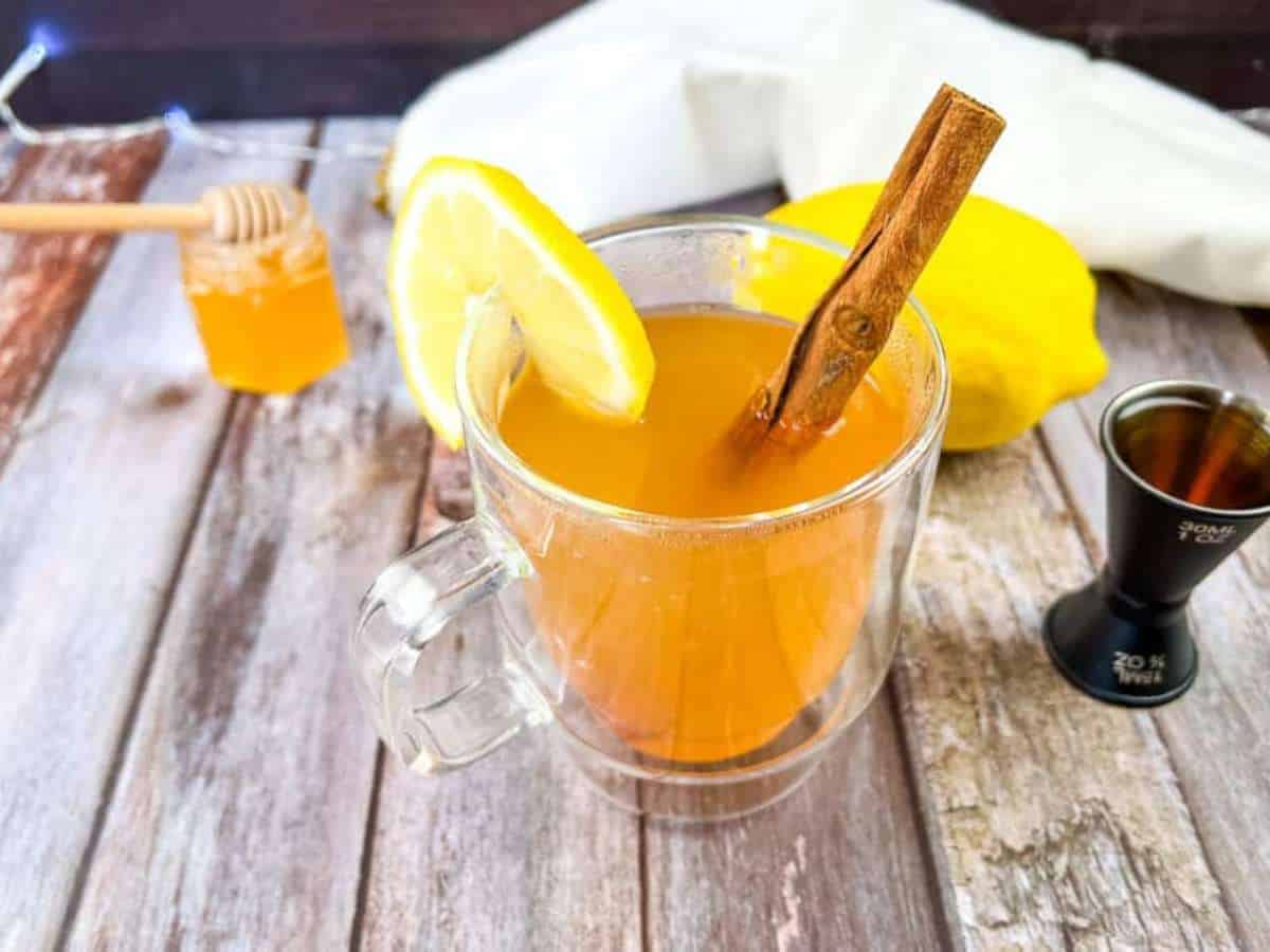 A mug of hot apple cider with cinnamon sticks and lemon slices.